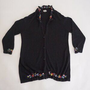 Vintage White Stag Black Floral Embroidered Cardigan Grandmacore Cottagecore XL